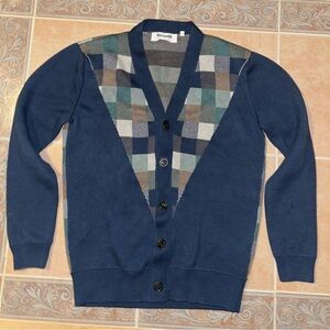 Blue and Plaid Men's Cardigan Sweater